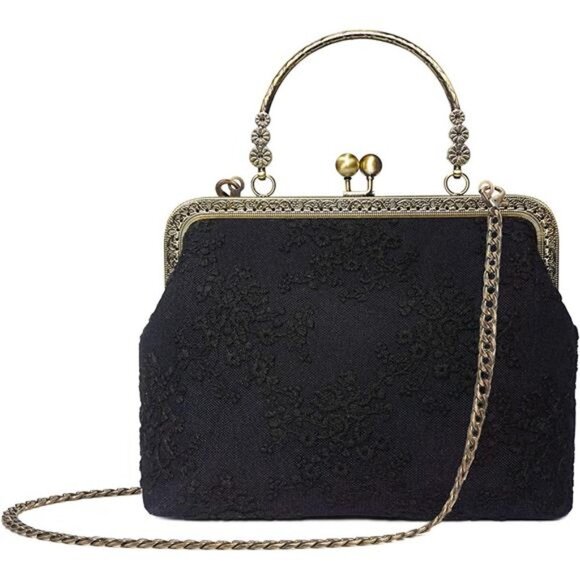 Women Vintage Kiss Lock Top Handle Handbag Evening Purse Crossbody